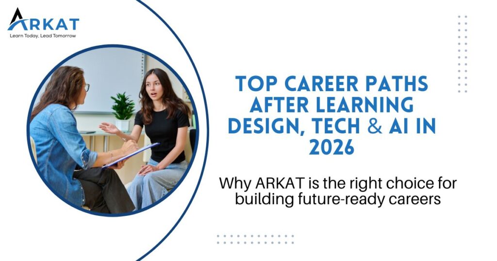 Promotional banner for ARKAT featuring the headline “Top Career Paths After Learning Design, Tech & AI in 2026” with an image of two women in a professional discussion setting