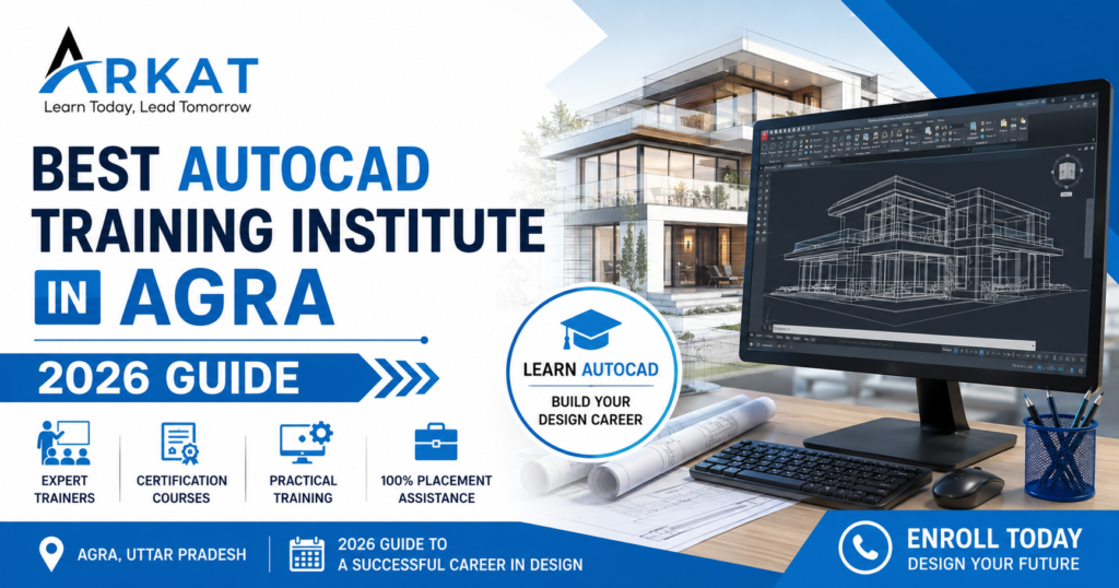 Promotional banner for ARKAT India featuring AutoCAD training in Agra, 2026 guide, architectural design visuals, CAD software interface, expert trainers, certification courses, practical training, and placement assistance.